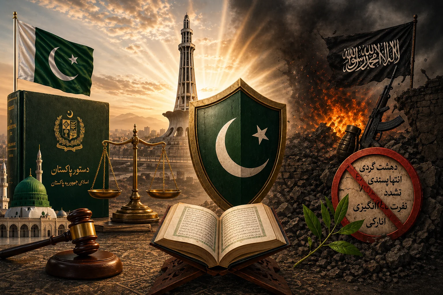 اسلامي تعليمات او د پاکستان اساسي قانون ترهګري په بشپړ ډول ردوي. د شریعت له مخې د بې‌ګناه خلکو وژل “فساد فی الارض” او نه‌بخښونکی ګناه ګڼل کېږي، او داسې کړنې کوونکي ډلې د “خوارجو” په نوم یادېږي